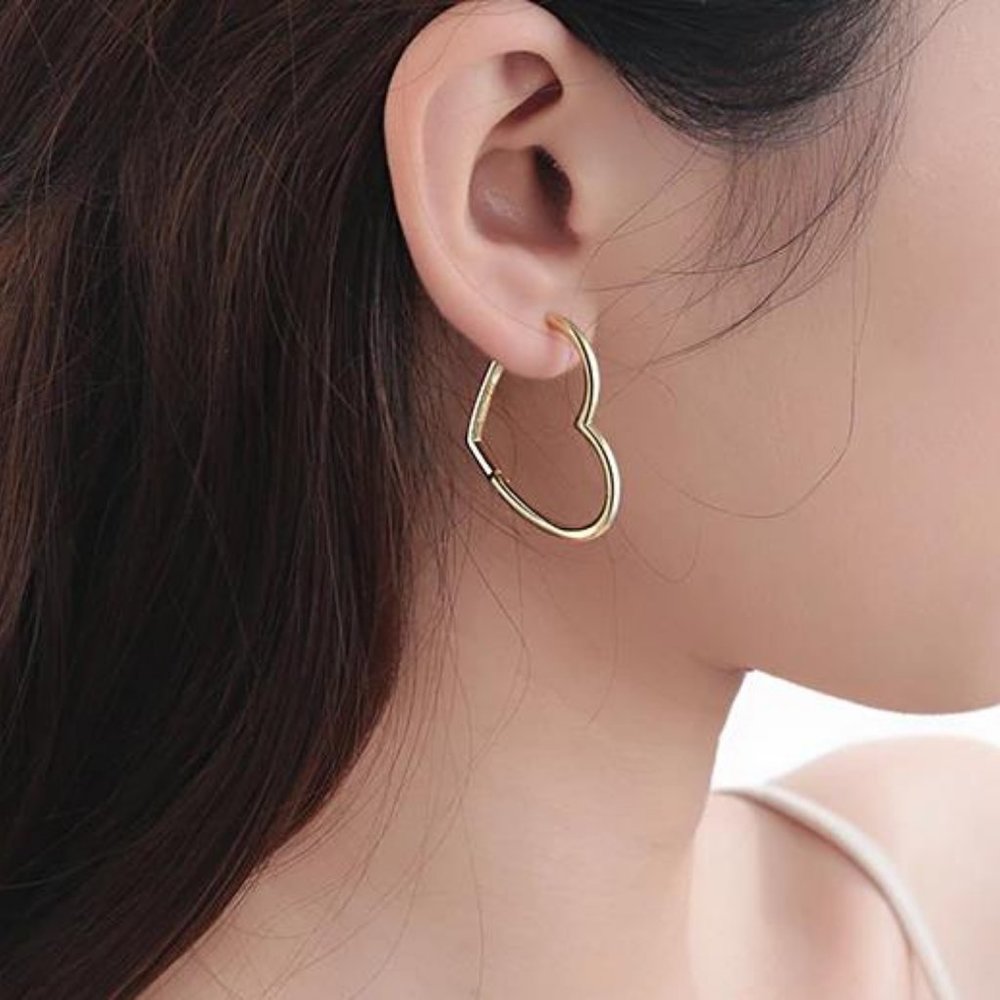 NEW Gold/925 Sterling Silver Heart Hoop Earrings - Picture 2 of 8